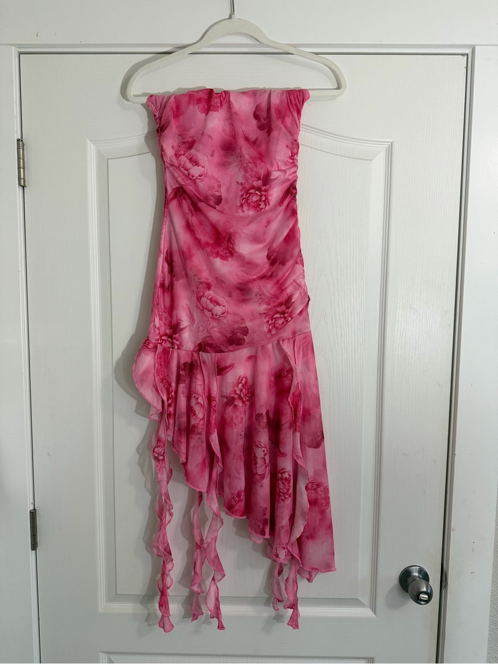 SHEIN Pink Floral Strapless Asymmetrical Ruffle Dress